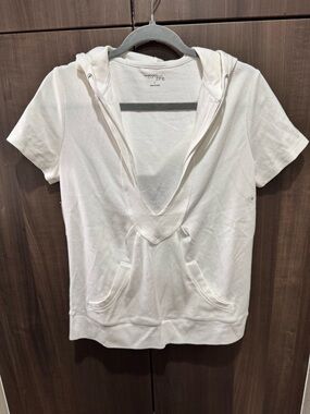 New York & Company White Short-Sleeve Hooded Top